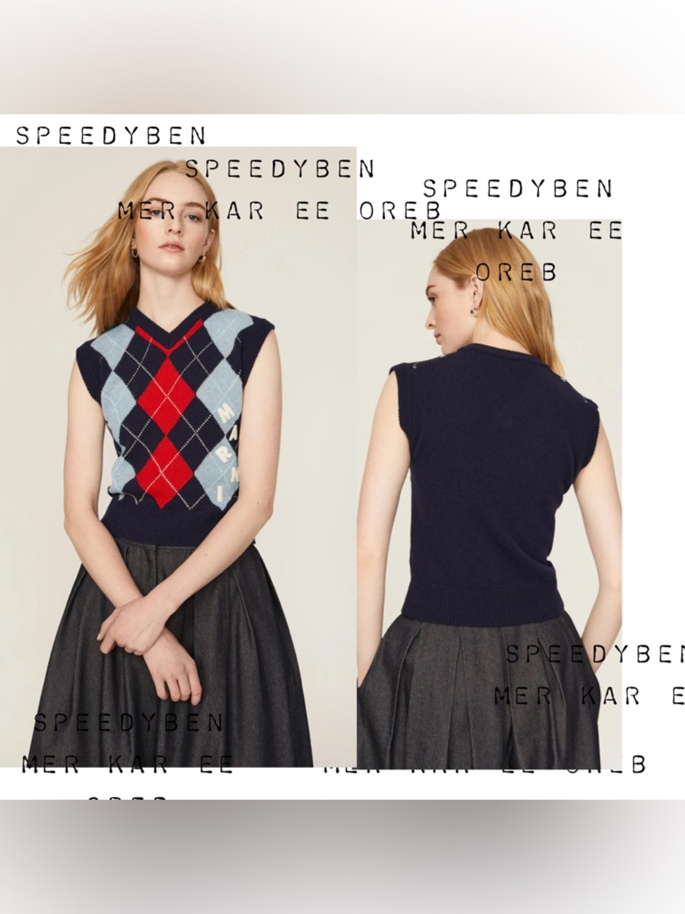 Marni Argyle Sweater Vest Logo Blue Red Virgin Wool Sleeveless V-neck 42 US 6 - Picture 2 of 10